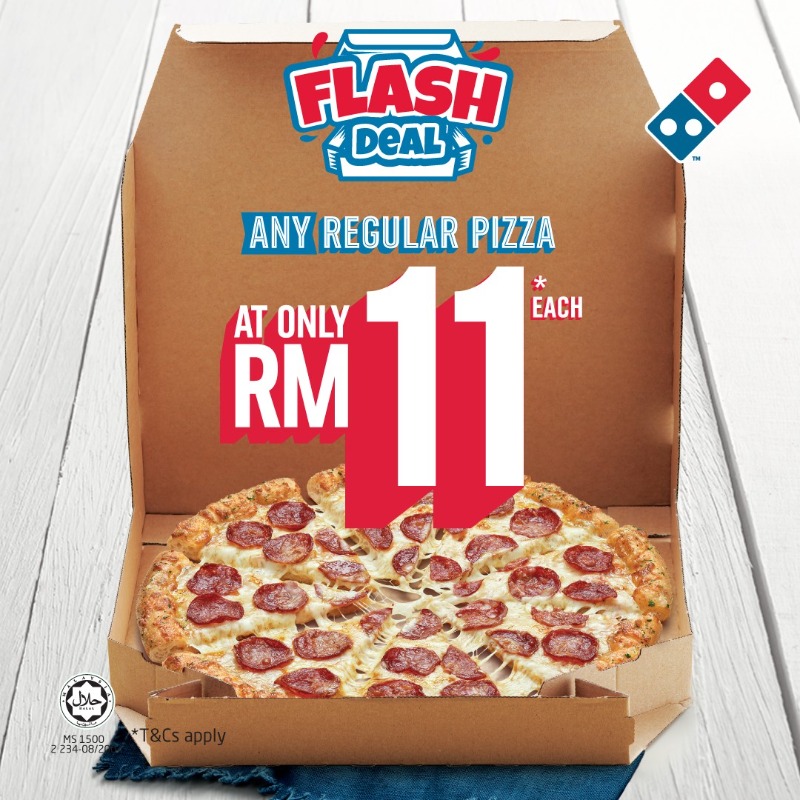 DominosMY's tweet photo. ⚡ A flash deal you pasti syok 🤩 Enjoy a regular pizza for takeaway at RM11 je! Don't miss out &amp; orderlah Domino's today! 🍕