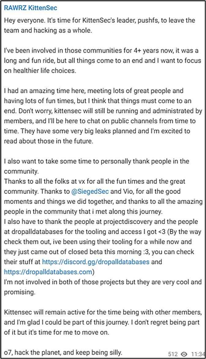 CyberSleuth1's tweet photo. After @VioWPFL left #SiegedSec, now pushfs has stepped down from #KittenSec. https://t.co/peN33NG6Uv