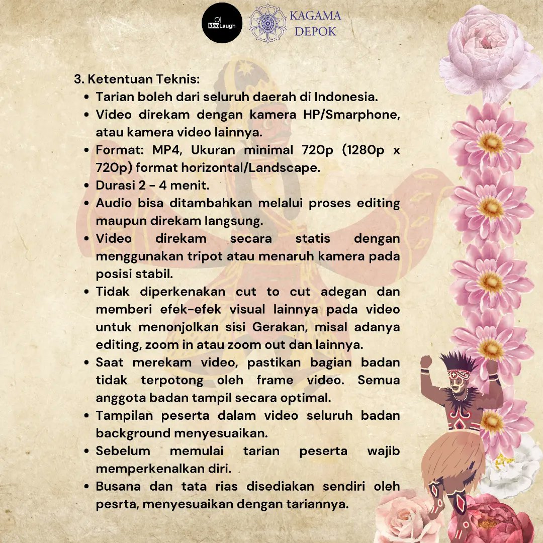 bill_plenthonk's tweet photo. 📢 IdeoLaugh bersama KAGAMA Depok proudly present _"Lomba Tari Kreasi Daerah"_Berhadiah 12.5 juta Rupiah. Kami Tunggu karyamu sampai 23 Oktober! Klik link pendaftaran berikut
https://t.co/l3MZevi4v5
#infolombatari 
#lombatarikreasidaerah  #ideolaughlombatari #tarikagamadepok https://t.co/a9wpib0kKK