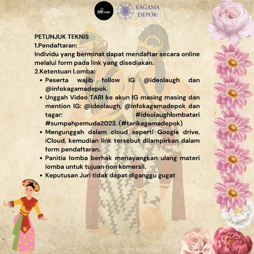 📢 IdeoLaugh bersama KAGAMA Depok proudly present _"Lomba Tari Kreasi Daerah"_Berhadiah 12.5 juta Rupiah. Kami Tunggu karyamu sampai 23 Oktober! Klik link pendaftaran berikut
bit.ly/LombaTariIDLxK…
#infolombatari 
#lombatarikreasidaerah  #ideolaughlombatari #tarikagamadepok