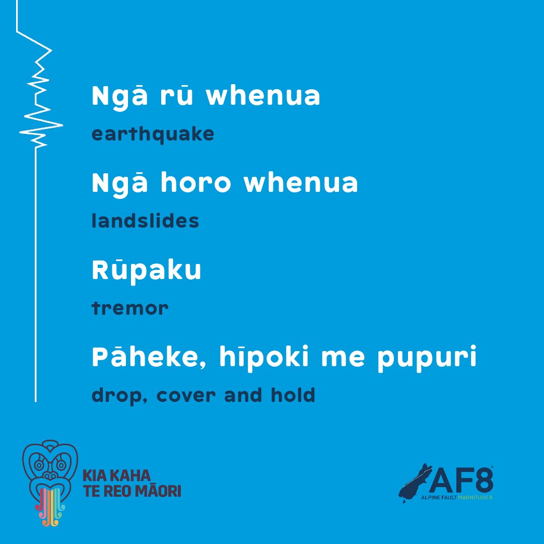 👄 Have a kōrero with your whānau this te Wiki o Te Reo Māori to get prepared for the next big one. Here are some kupu to help you get started! #earthquakes #TeWikioTeReoMāori