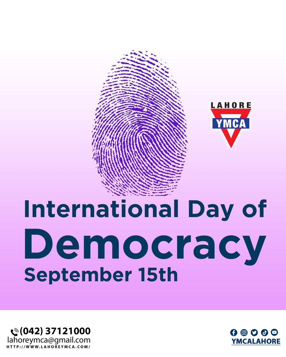 Celebrating Democracy: International Day of Democracy 2023#DemocracyDay #DemocracyMatters #DemocracyNow #VoteDemocracy #PeoplePower #InclusiveDemocracy #FreeandFairElections #HumanRights #RuleOfLaw #CivicEngagement #GlobalDemocracy 
#DemocracyWorks #ymcalahore #lahoreymca