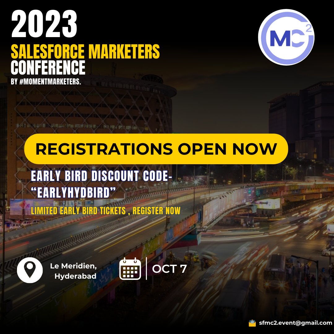 MC² (@mc2_event) on Twitter photo 3...
2...
1...
Registrations are now open!
Don't miss your chance to be part of the event, Secure your spot today!
townscript.com/e/mc2-hyd-oct2…
<a href="/justguilda/">Guilda Hilaire</a> <a href="/JyothsnaBitra/">Jyothsna Bitra (JB)</a> <a href="/shibua/">Shibu Abraham</a> <a href="/TrailblazerEsha/">Esha #MC²</a> <a href="/sfdcFanBoy/">Manish Thaduri</a> #momentmarketers #marketingchampions <a href="/MarketingCloud/">Salesforce Marketing Cloud</a> 3...
2...
1...
Registrations are now open!
Don't miss your chance to be part of the event, Secure your spot today!
townscript.com/e/mc2-hyd-oct2…
<a href="/justguilda/">Guilda Hilaire</a> <a href="/JyothsnaBitra/">Jyothsna Bitra (JB)</a> <a href="/shibua/">Shibu Abraham</a> <a href="/TrailblazerEsha/">Esha #MC²</a> <a href="/sfdcFanBoy/">Manish Thaduri</a> #momentmarketers #marketingchampions <a href="/MarketingCloud/">Salesforce Marketing Cloud</a>