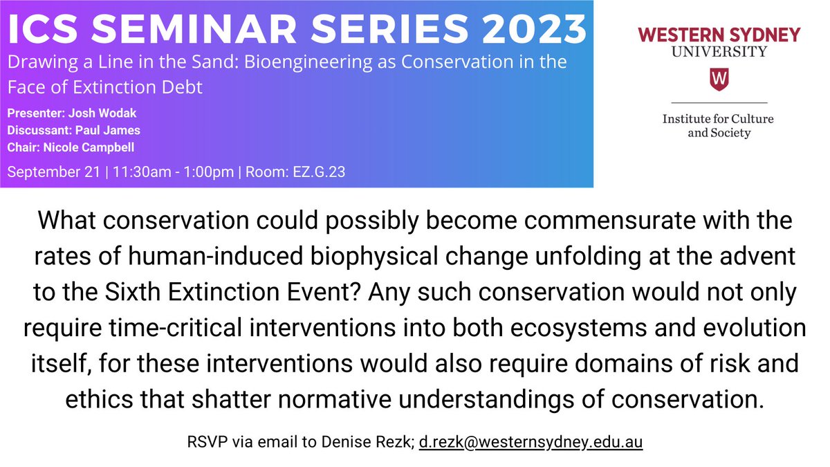 Institute for Culture and Society (ICS) (@westsyduics) on Twitter photo Our next seminar titled ‘Drawing a Line in the Sand’ by <a href="/anarchangle/">Josh Wodak</a> will be held in person on Parra South in EZ.G.23.
All are welcome. For full details: bit.ly/2yV1mqW Our next seminar titled ‘Drawing a Line in the Sand’ by <a href="/anarchangle/">Josh Wodak</a> will be held in person on Parra South in EZ.G.23.
All are welcome. For full details: bit.ly/2yV1mqW