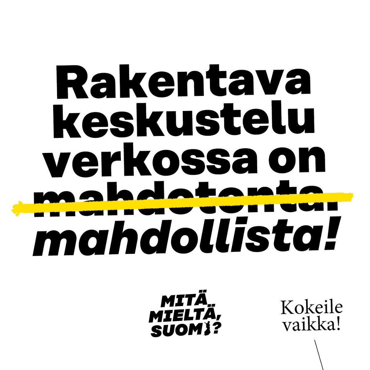 Vietä kansainvälistä demokratiapäivää – kokeile uudenlaista verkkokeskustelua! Kutsumme kaikki suomalaiset kokeilemaan uudenlaista verkkokeskustelua neljän viikon ajan. Aiheena on Suomen suunta. #MitäMieltäSuomi 1/4 Kokeile: sitra.fi/mitamieltasuomi