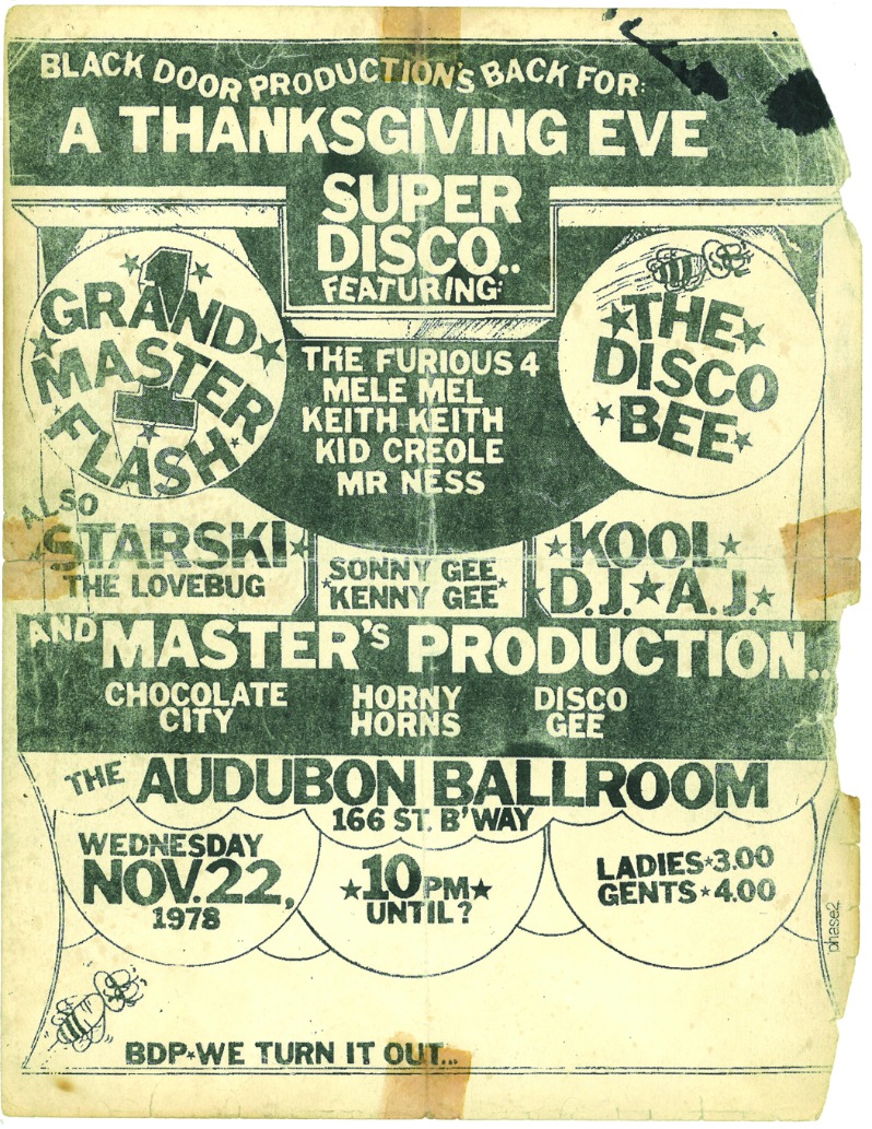 Thanksgiving Eve Super Disco at the Audubon Ballroom feat. Grandmaster Flash & the Furious 4; Lovebug Starski, Kool DJ AJ & Masters Production. 11/22/78.

Designed by Phase 2.

Register to bid on this flyer (LOT 8) at fineart.hiphop

#hiphop #HipHop50 #hiphopflyer #FAHH