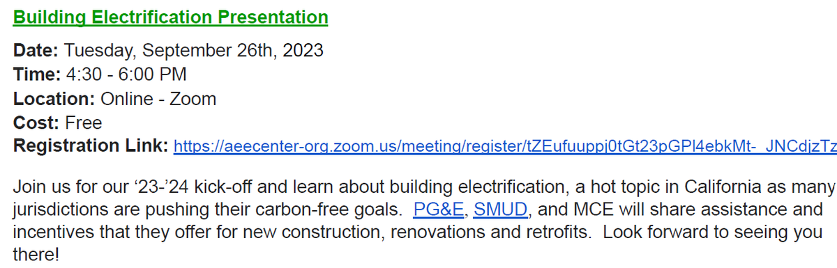 AeeNorcal's tweet photo. #BuildingElectrification #Webinar September 26th 4:30-6PM Register https://t.co/k2d7LxJkVS
Join our webinar on building electrification a hot topic. @PGE4Me @SMUDUpdates &amp; @MCECleanEnergy in California offer incentives for new construction &amp; retrofits #AEENorCal #Electrification https://t.co/tRZXY0HiOK