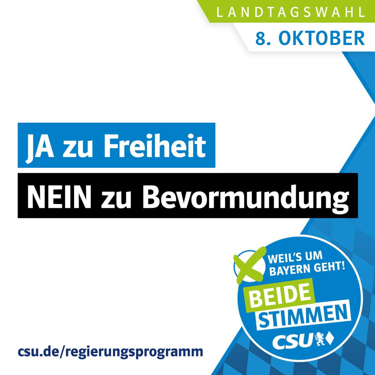 Markus_Soeder's tweet photo. Wir schreiben niemandem vor, was man essen darf. Das soll jeder selbst entscheiden. Wir sind gegen jede Form ideologischer Verbote und Vorschriften. Die #CSU steht für „leben und leben lassen“: Am 8. Oktober mit beiden Stimmen CSU wählen! Oder jetzt schon per Brief. https://t.co/gtUYNQH6NQ