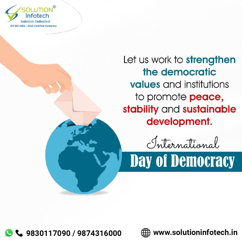 🌍✨ Celebrate the heartbeat of our world - Democracy! 🗳️ 
#DemocracyDay2023 #UnlockingDemocracy #TechForChange #EmpowerVoices #SolutionInfotech #DigitalDemocracy #OurWorldOurVoice #Democracy #edtech #digitalmarketing #seo #websitedesigning #trending #India #like #share #comment