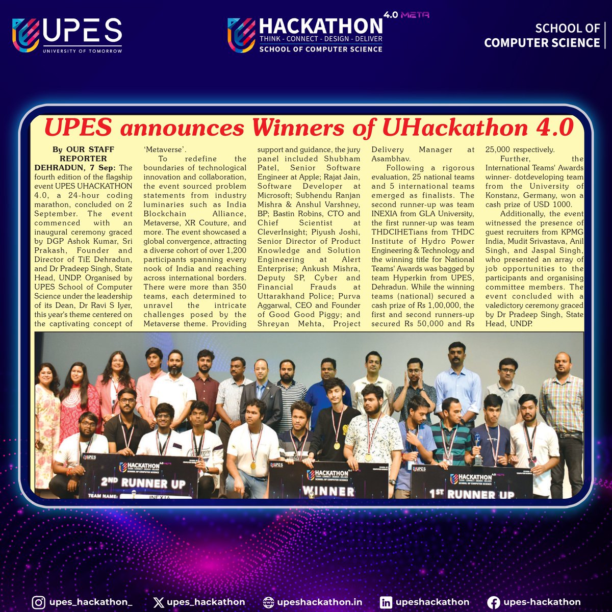 upes_hackathon_'s tweet photo. We're thrilled to see UHackathon 4.0 META making headlines! 📰
Our event has gained recognition and sparked conversations in the press.
Thank you to all the media outlets for sharing our journey in innovation and technology. 🚀
#uhacakthon4 #hack4meta https://t.co/PGINPG5sZR