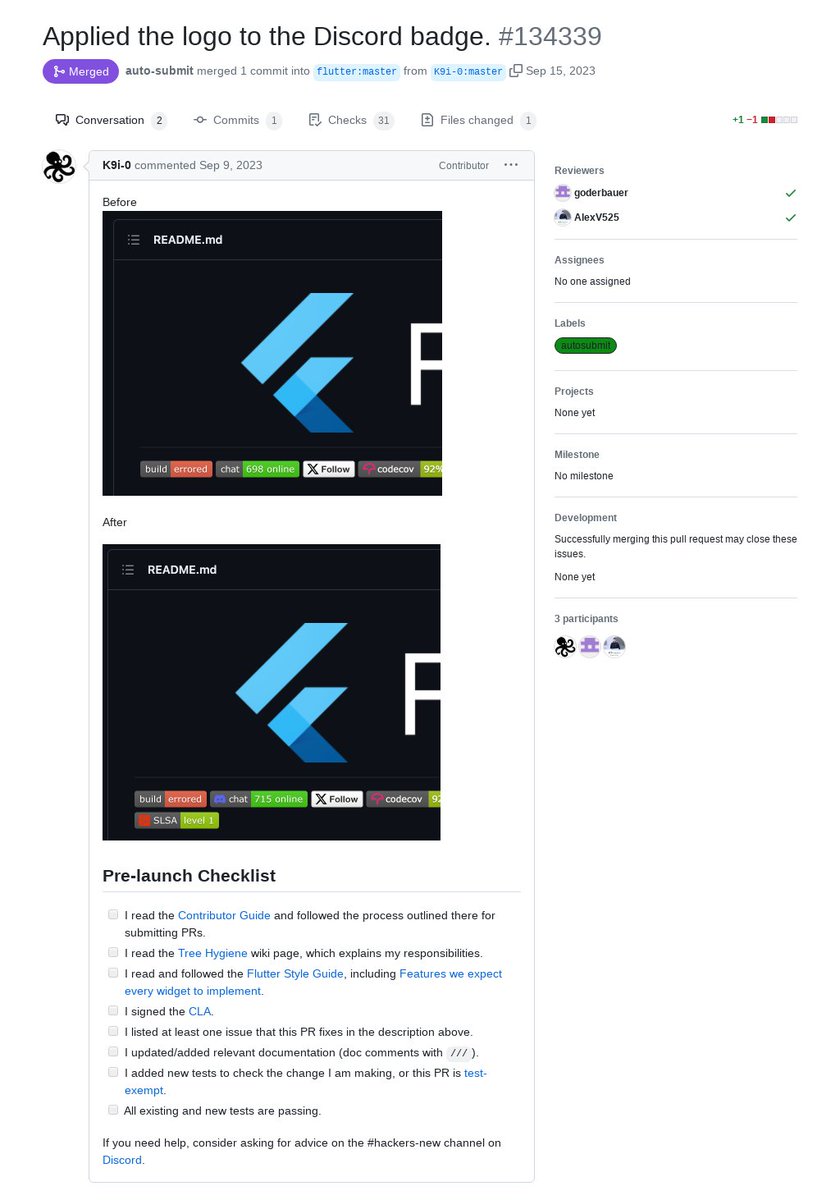 'Applied the logo to the Discord badge.' by @K9i_apps was merged into #Flutter master github.com/flutter/flutte…