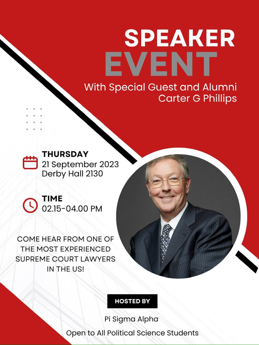 PSA is starting off the year with our first speaker event. We’re so pleased to be hosting the esteemed alumni, Carter Phillips! Mark your calendars for September 21st from 2:15-4! Refreshments will be provided. Open to all political science and PPE students.