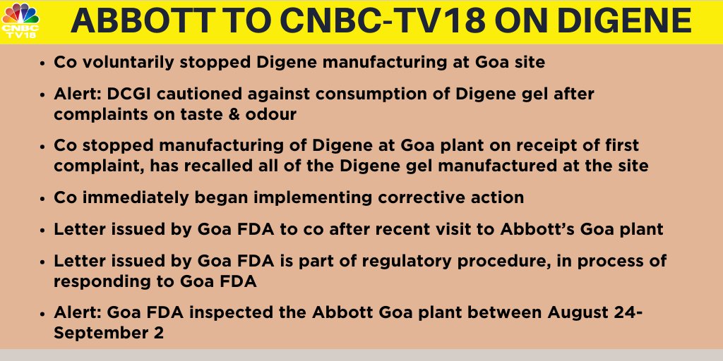 CNBCTV18Live's tweet image. Co voluntarily stopped #Digene manufacturing at #Goa site on receipt of first complaint &amp;amp; immediately began implementing corrective action, says Abbott To CNBC-TV18

Alert: #DCGI cautioned against consumption of Digene gel after complaints on taste &amp;amp; odour

Here's more