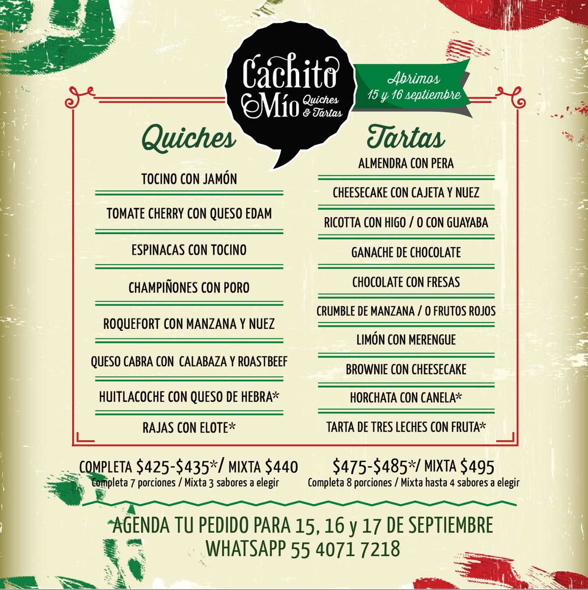 Aquí la lista de los sabores de #quiches y #tartas que puedes disfrutar esta temporada, manda tu pedido vía WP 5540717218 y no te quedes sin tus #cachitos 🍕🍰🤗🇲🇽🎉🌟