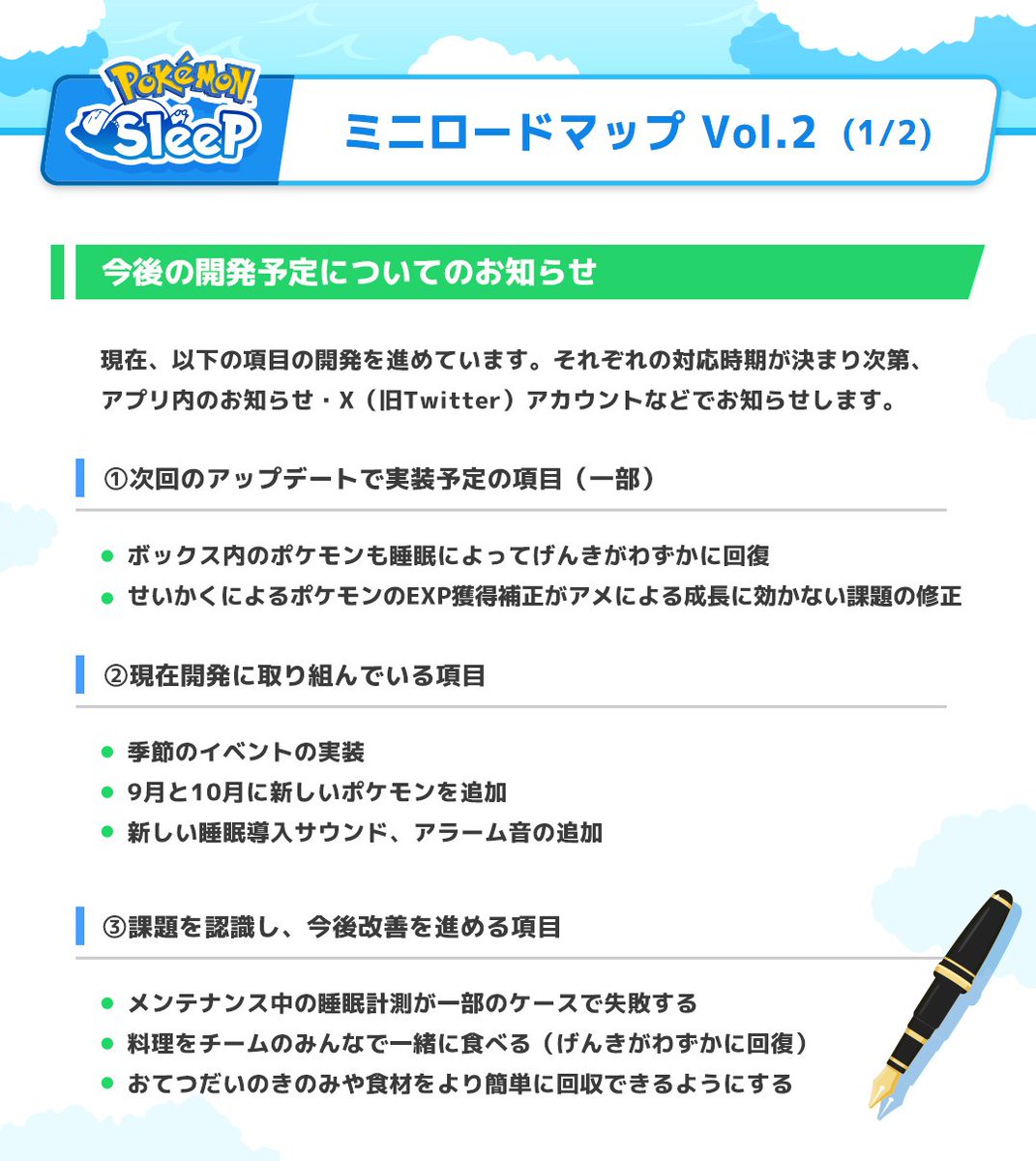 PokemonSleepApp's tweet photo. 【重要📌ミニロードマップVol.2 発表❗】

次回のアップデートで実装する項目や、現在開発に取り組んでいる項目、さらに、課題を認識しており改善に取り組んでいる項目などを「ミニロードマップ」という形でお伝えします❗

ぜひ画像をチェックしてみてください✨

#ポケモンスリープ https://t.co/QQ6rSpEbDc