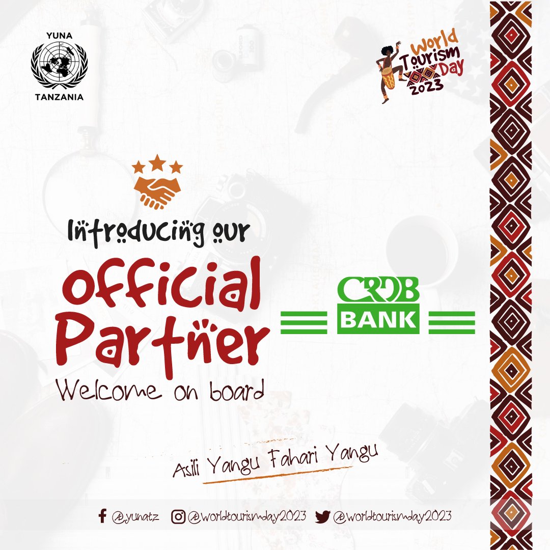 World Tourism Day (@yunawtd) on Twitter photo Towards National Youth Symposium on Cultural Heritage, 27th September 2023, we are thrilled to announce <a href="/CRDBBankPlc/">CRDB Bank PLC</a> as our official partner.
Welcome on board as we preserve our cultural heritage for sustainable tourism.
#Asiliyangufahariyangu
#sustainabletourism Towards National Youth Symposium on Cultural Heritage, 27th September 2023, we are thrilled to announce <a href="/CRDBBankPlc/">CRDB Bank PLC</a> as our official partner.
Welcome on board as we preserve our cultural heritage for sustainable tourism.
#Asiliyangufahariyangu
#sustainabletourism