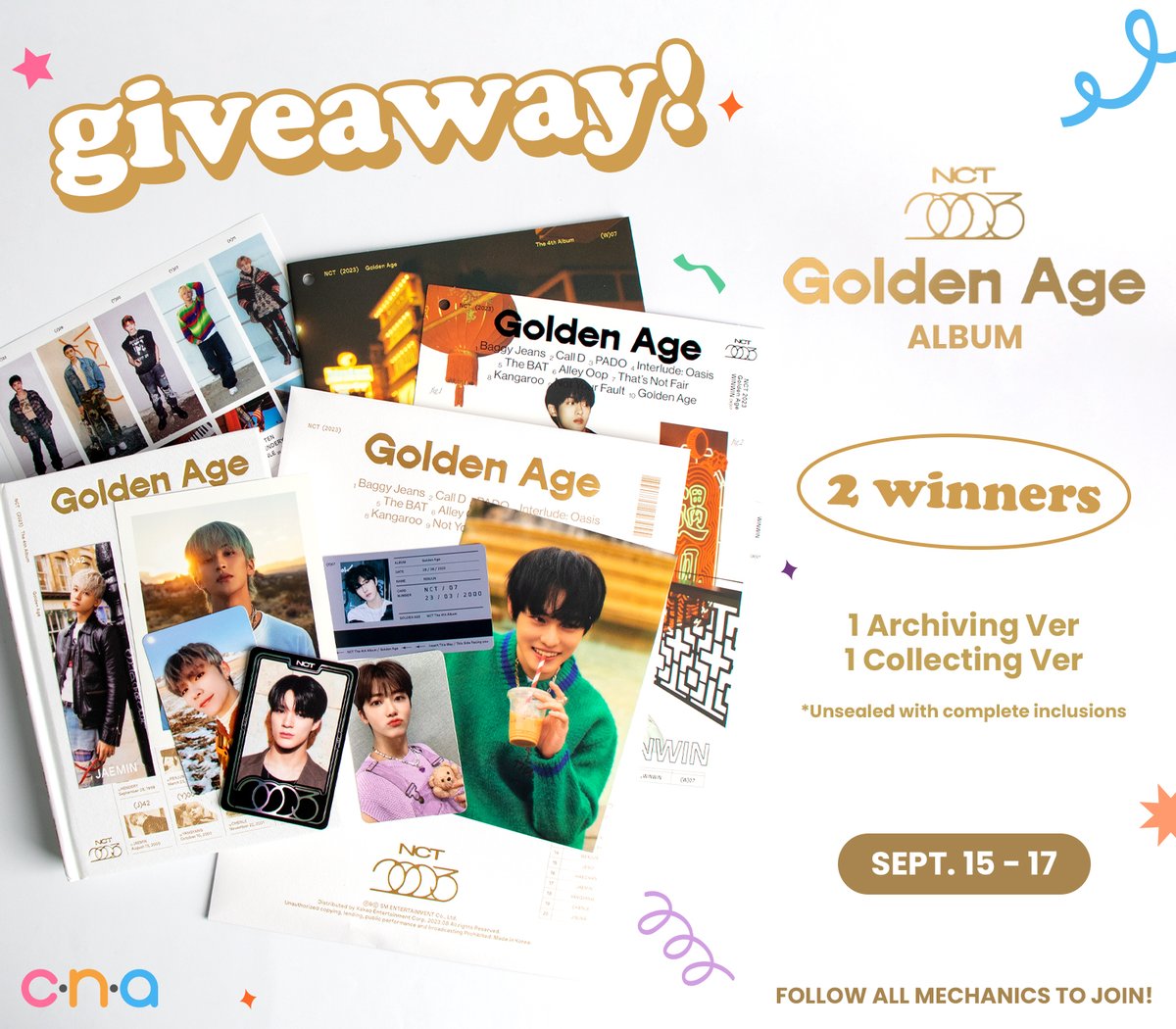 cnaphils's tweet photo. NCT GOLDEN AGE ALBUM GIVEAWAY

NCTzens, join our #giveaway now and get a chance to win these #GoldenAge Albums!  

1. Follow us here on Twitter 
2. Like and Repost 
3. Reply #CNAUnlinBait and #CNAxNCTGoldenAge  

Giveaway is until Sept. 17 
🟡 2 winners will be announce on Sept. 18