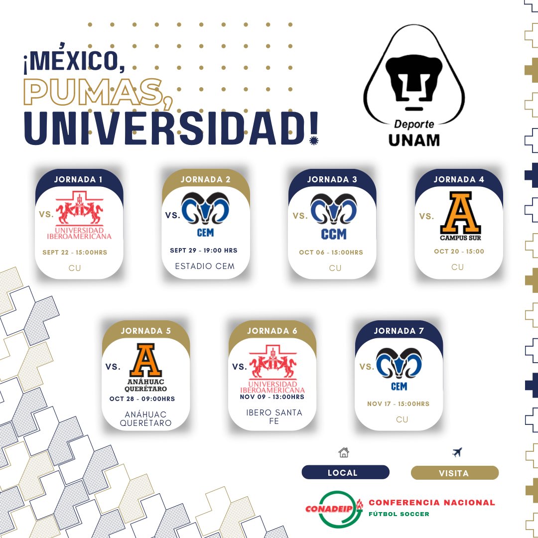 RepreFemUNAM's tweet image. ¡Estamos a nada de comenzar nueva temporada! 👀 Aquí el calendario de las primeras 7 jornadas @CONADEIPmx ⚽️🐱💙 #FutbolCONADEIP #CONADEIP #DeporteUNAM @DeporteUNAM