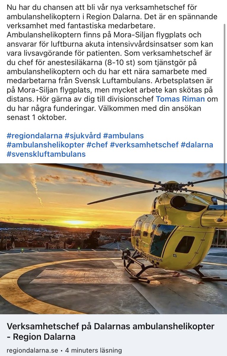 Sök mitt jobb! 
Ambulanshelikoptern i @RegionDalarna : regiondalarna.se/jobb/lediga-jo…