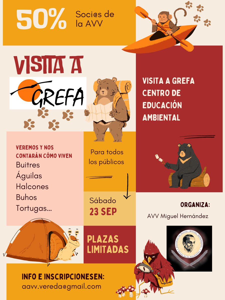AVV_Vereda's tweet photo. 🦆🦜🪶🐦‍⬛🦅🦉

🗓️23 de septiembre 

Organizamos una visita al Centro de Educación Ambiental de @GREFA_Fauna 

Apúntate ya! https://t.co/c7ASAS33tp