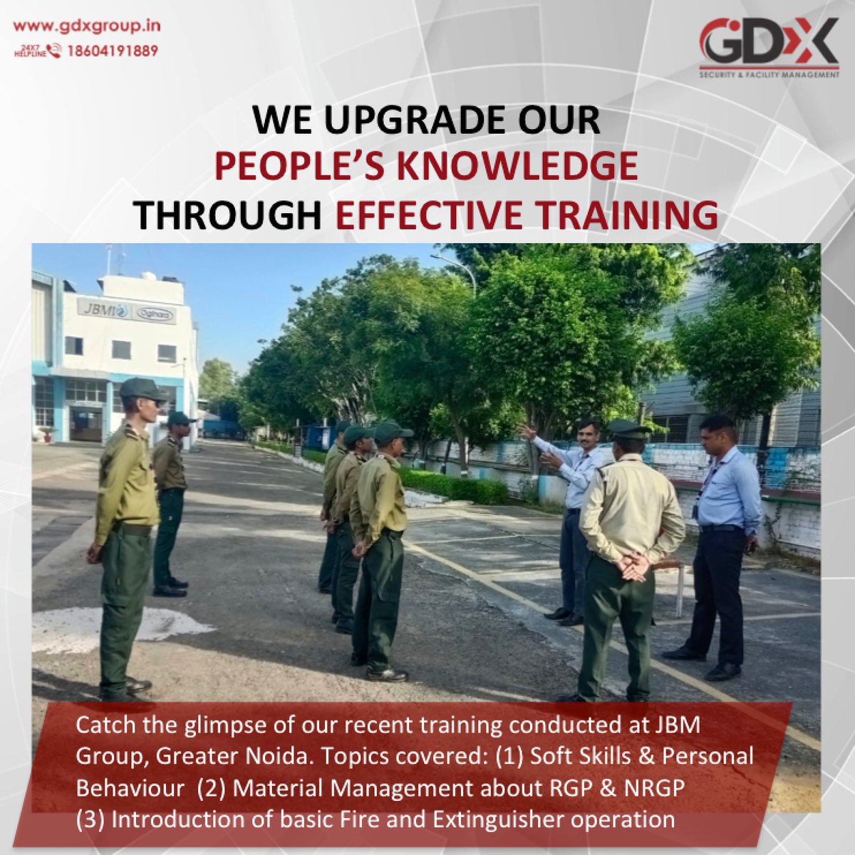 We upgrade our people’s knowledge through effective training. Catch the glimpse of our recent training conducted at JBM Group, Greater Noida. #GDXGroup #GDXtech #GDXuniqueservices #GDX37YearsofServiceExcellence #SecurityServices #GDXtraining