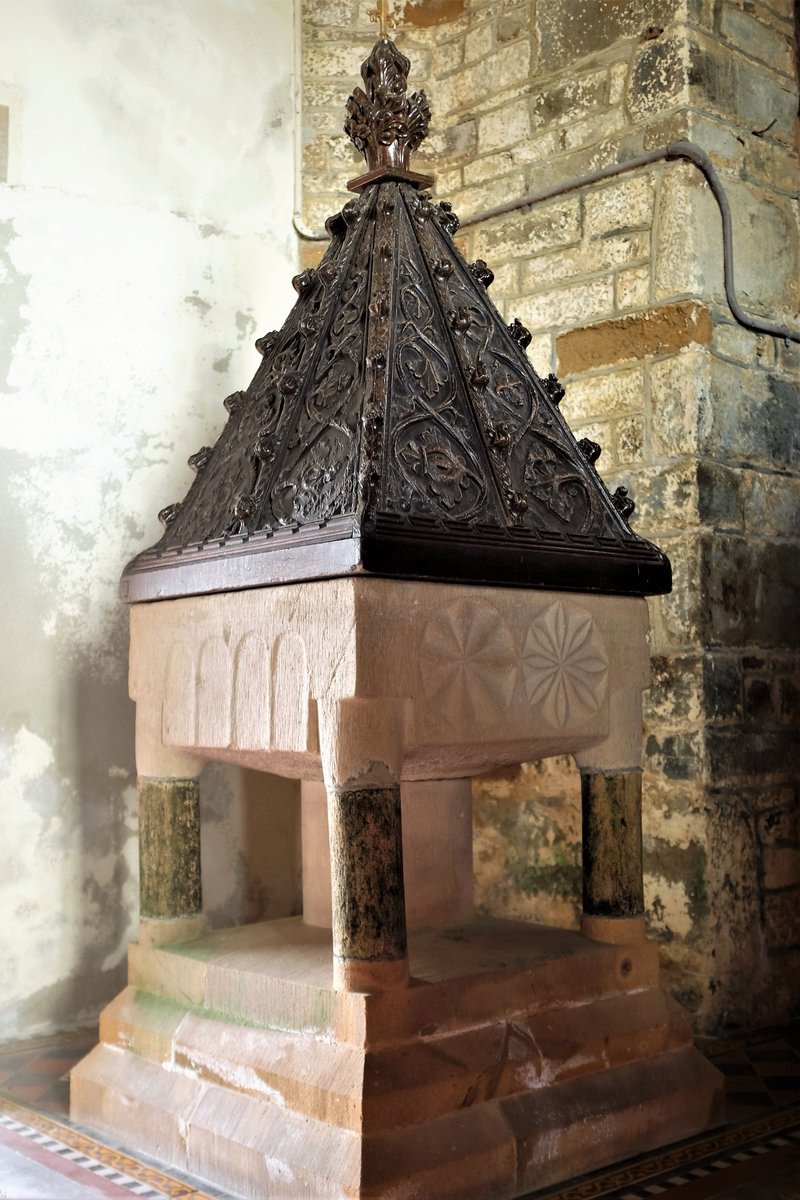 Petrockstow #Devon Norman font c. 1170. North face has two rosettes, both 8- rather than 6-pointed. Jacobean cover. All rather lovely. #FontsOnFriday