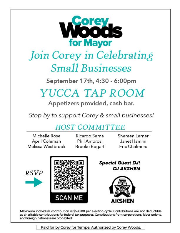 I am looking forward to seeing you at @yuccataproom this Sunday evening. Please remember to scan the QR code for easy check-in. And a huge thanks to our host committee for their support of this event!

#tempe #coreyfortempe
