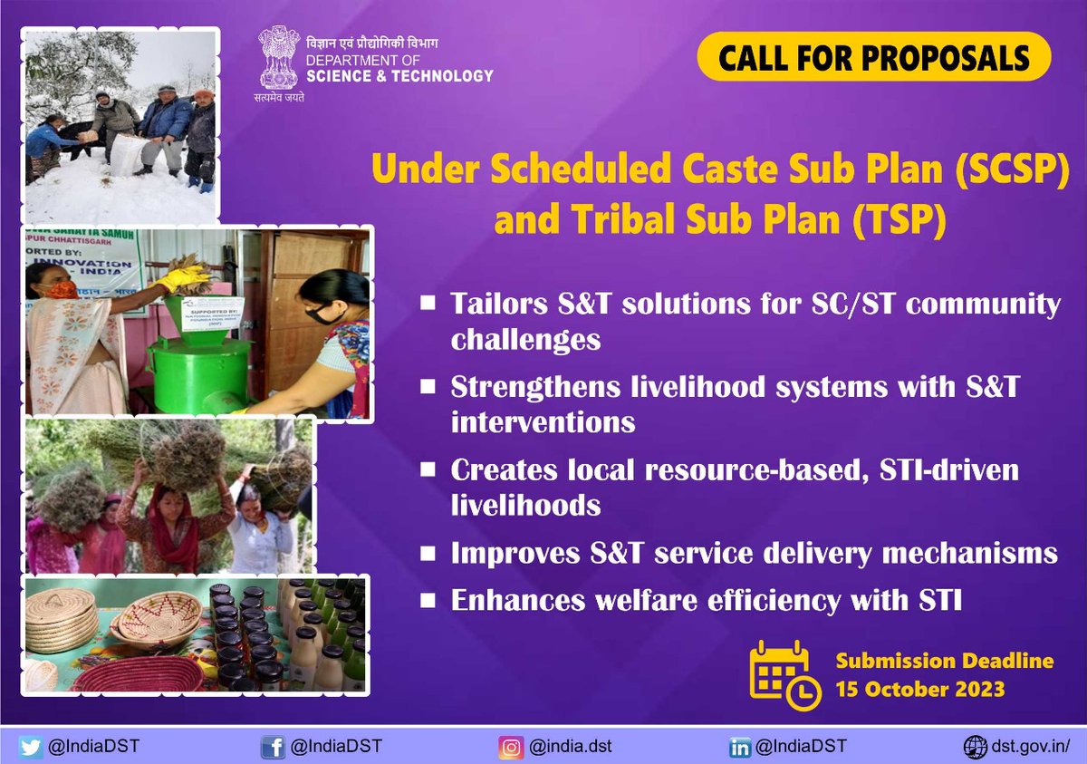 DSTIndia (@indiadst) on Twitter photo 📢 <a href="/IndiaDST/">DSTIndia</a> invites #project #proposals under SCSP & TSP Schemes to ensure holistic development of #SC & #ST #Communities with inputs of Science and Technology (S&T).
🔹Last date of submission: 15 Oct 2023
<a href="/DrJitendraSingh/">Dr Jitendra Singh</a> <a href="/rajesh_gokhale/">Rajesh Gokhale</a>
Details: dst.gov.in/callforproposa… 📢 <a href="/IndiaDST/">DSTIndia</a> invites #project #proposals under SCSP & TSP Schemes to ensure holistic development of #SC & #ST #Communities with inputs of Science and Technology (S&T).
🔹Last date of submission: 15 Oct 2023
<a href="/DrJitendraSingh/">Dr Jitendra Singh</a> <a href="/rajesh_gokhale/">Rajesh Gokhale</a>
Details: dst.gov.in/callforproposa…