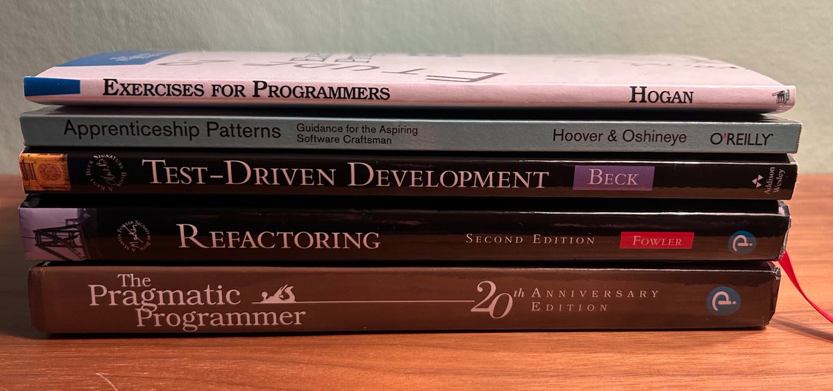 If I could only recommend 5 programming books to any software developer 📕 

- Apprenticeship Patterns
- Exercise for Programmers
- The Pragmatic Programmer
- Test-Driven Development by Example 
- Refactoring

programmingbooks.dev