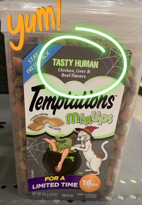 Photo of the cat treats described in the post. The image on the packaging shows a cat with a witch hat boiling a human in a cauldron.