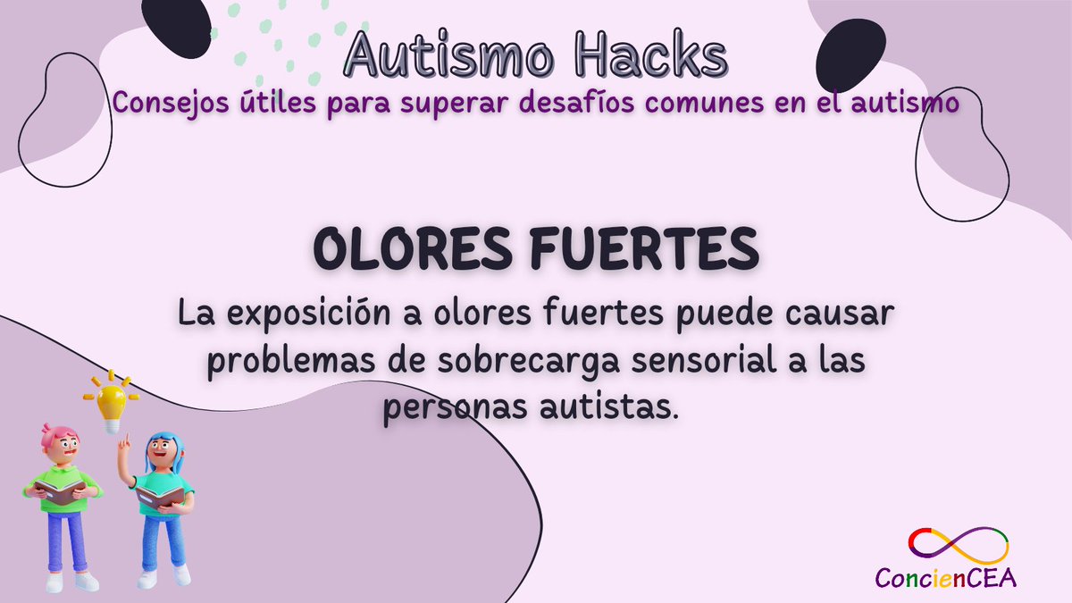 ConcienCEA's tweet photo. La exposición a olores fuertes puede causar problemas de sobrecarga sensorial para personas autistas. En este hilo, compartiré consejos para manejar esta situación. 👇✨
#AutismoHacks #ConcienCEA #SobrecargaSensorial #SoyAutista #Autismo #ActuallyAutistic #TEA #CEA https://t.co/kDv5nwPtZj