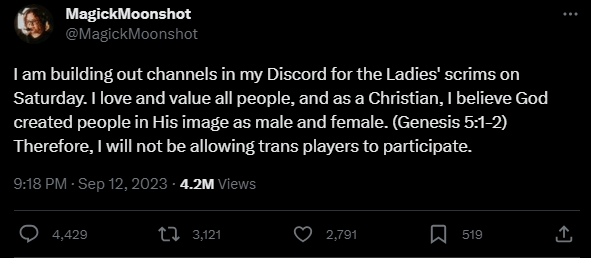 not allowed in the women's Halo tournament because i have a biological advantage in 4 shotting scrubs