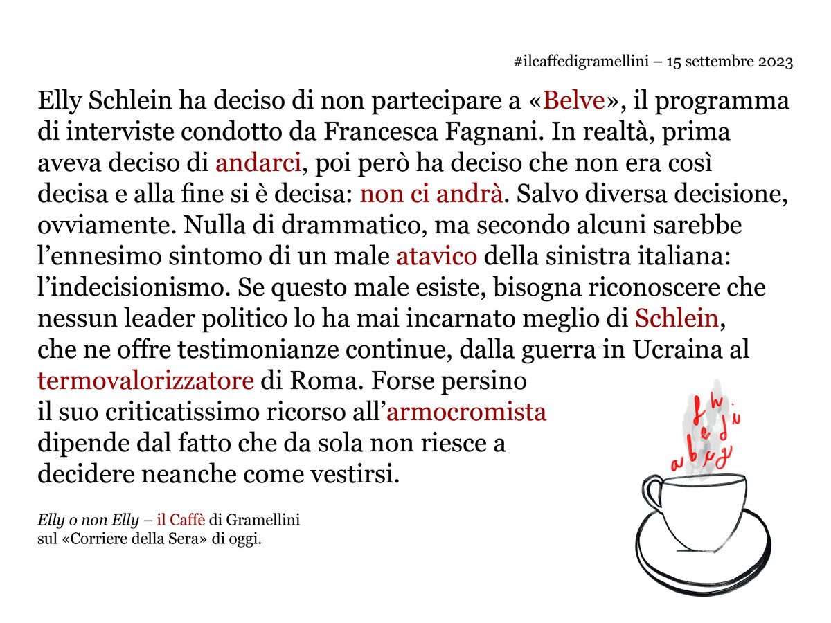 Massimo Gramellini (@maxgramel) on Twitter photo «Elly o non Elly»: #ilcaffedigramellini sul <a href="/Corriere/">Corriere della Sera</a> di #venerdì #15settembre.
corriere.it/caffe-gramelli… «Elly o non Elly»: #ilcaffedigramellini sul <a href="/Corriere/">Corriere della Sera</a> di #venerdì #15settembre.
corriere.it/caffe-gramelli…