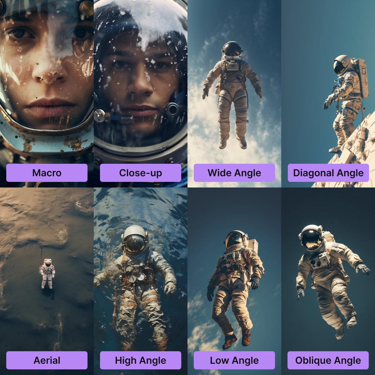 CONTROL THE COMPOSITION IN MIDJOURNEY WITH CAMERA ANGLES

When I need a specific composition, I often use the following tokens:

- Macro
- Close-up
- Wide Angle
- Diagonal Angle
- Aerial
- High Angle
- Low Angle
- Oblique Angle

These techniques are derived from photography and