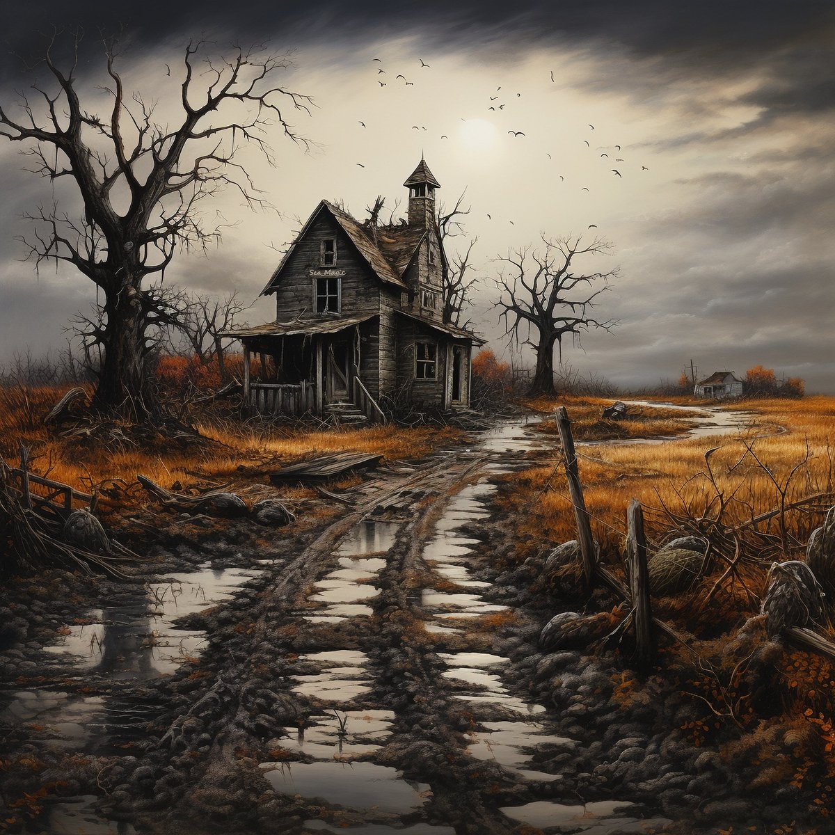 ▪️Autumn in the small town▪️

#digitalart #art #aiart #aiartwork #autumn #fall #gothic #halloween #landscape #countryside #hut