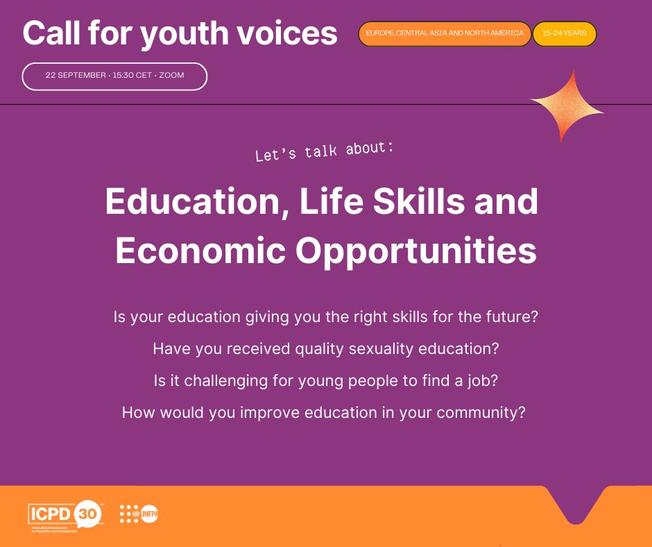 Calling for all youth voices 🗣

Contribute your insights on the quality of education and employment opportunities available to you and your peers, and help spark change! Your voices will help lead the way towards #ICPD30.

Registration 👉 bit.ly/EECA_YouthSkil…