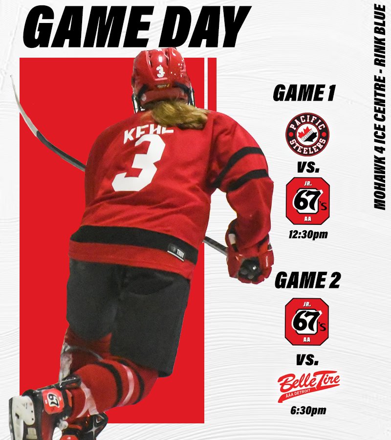 OttawaJr67s's tweet photo. It’s #GAMEDAY at the Stoney Creek University Showcase!
Day 1 starts against the Pacific Steelers at 12:30pm.
Game 2 kicks off at 6:30pm against Belle Tire.
Catch the games live at the Mohawk 4 Ice Centre on rink blue, or streamed on YouTube.
#67sAA #Jr67s https://t.co/SvjF2fzkTc