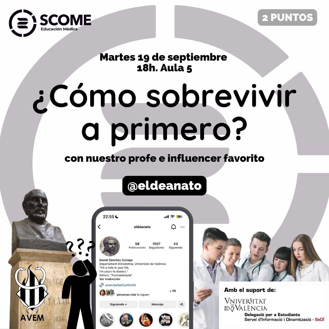 Ja vos heu enterat??👀 La primera activitat d'aquest any serà 'Com sobreviure a primer' Una oportunitat pels de primer per prendre nota de consells i trucs dels companys més majors👩‍👩‍👧‍👦👩‍⚕️ A més, comptarem amb la col·laboració de Daniel Sánchez, el vostre profe favorit d'anato😉