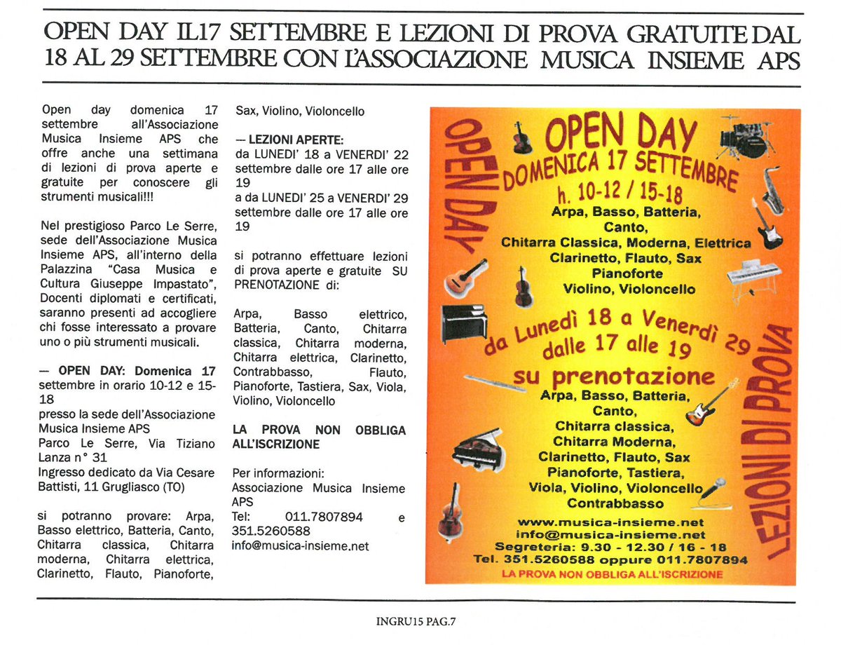 #scrivonodinoi
Ringraziamo #InGrugliasco per la pubblicazione!!! 

#ingrugliasco #articolo #grazie
#openday #lezioniaperte #lezionidiprova #lezionidistrumento #strumentimusicali