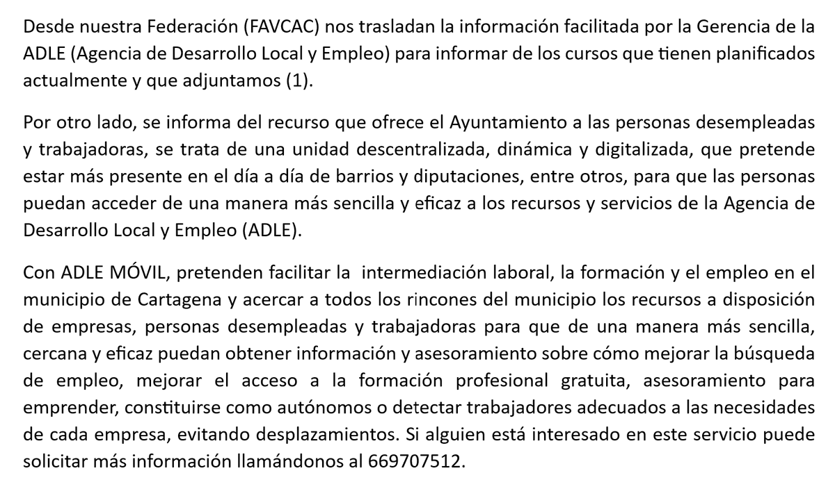 avvpsa's tweet photo. Oferta de cursos de la ADLE & información sobre el servicio ADLE móvil
.
(1) --> https://t.co/xZ5Uvi2dtj
.
#poligonosantaana #construyendobarrio #avvpoligonosantaana #clubmayoresmayorazgo #dinotorresdealtatension #unlocalsocialyaenpoligonosantaana #aytocartagena #FAVCAC #ADLE https://t.co/s2sCLSNI76