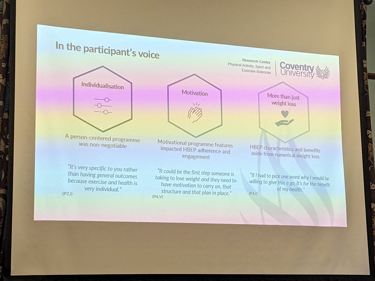 Great talk from <a href="/sofie_power/">Sofie Power</a> on co-designing a home-based exercise programme for people living with overweight and obesity #UKCO2023