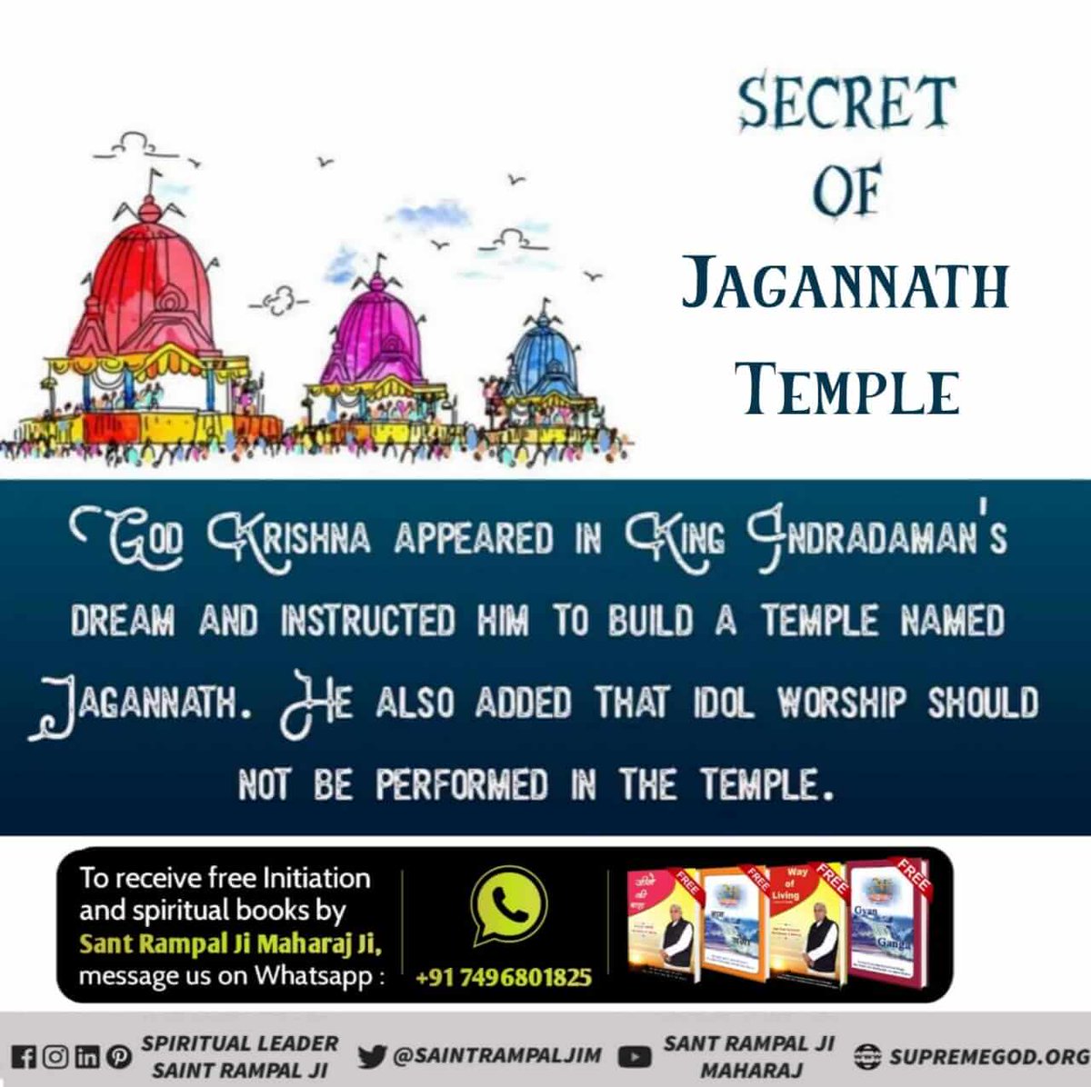 #TrueStoryOfJagannath
Jyoti Niranjan, the father of Brahma, Vishnu and Mahesh, had taken a promise from God Kabir to build the Jagannath temple in Kalyug. God Kabir had built the temple by stopping the sea. Sant Rampal Ji Maharaj