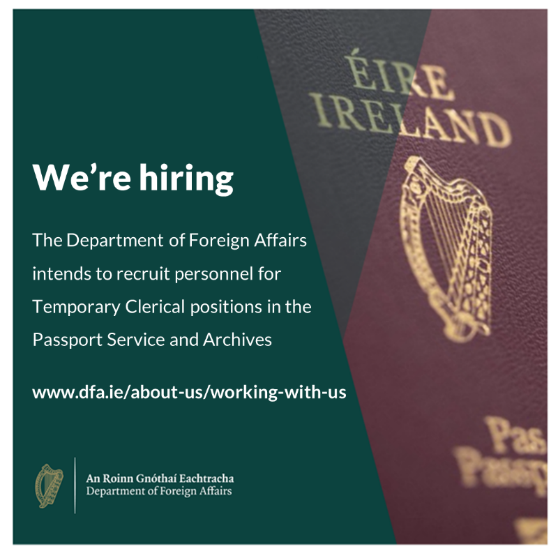 PassportIRL's tweet photo. 🇮🇪 The Department of Foreign Affairs intends to recruit personnel for Temporary Clerical positions in the Passport Service and Archives.

📅 Closing date for completed applications is COB on Wednesday 20 September 2023

➡️ Apply at: https://t.co/pPyNJ8m9bV