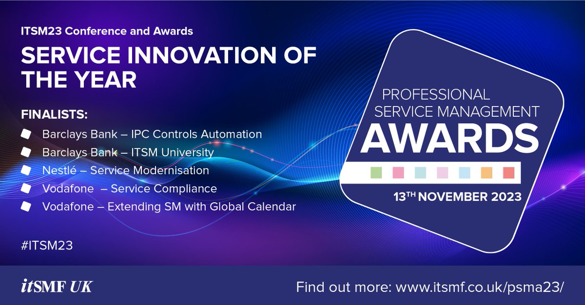 itSMFUK's tweet photo. We're delighted to announce the names of the finalists for this year's Professional Service Management Awards #PSMA23. The winner in each category will be announced at our gala awards dinner on the Monday evening of #ITSM23 (13th November in Reading)! https://t.co/pdOCGcQfe5 https://t.co/SOdFWslyku
