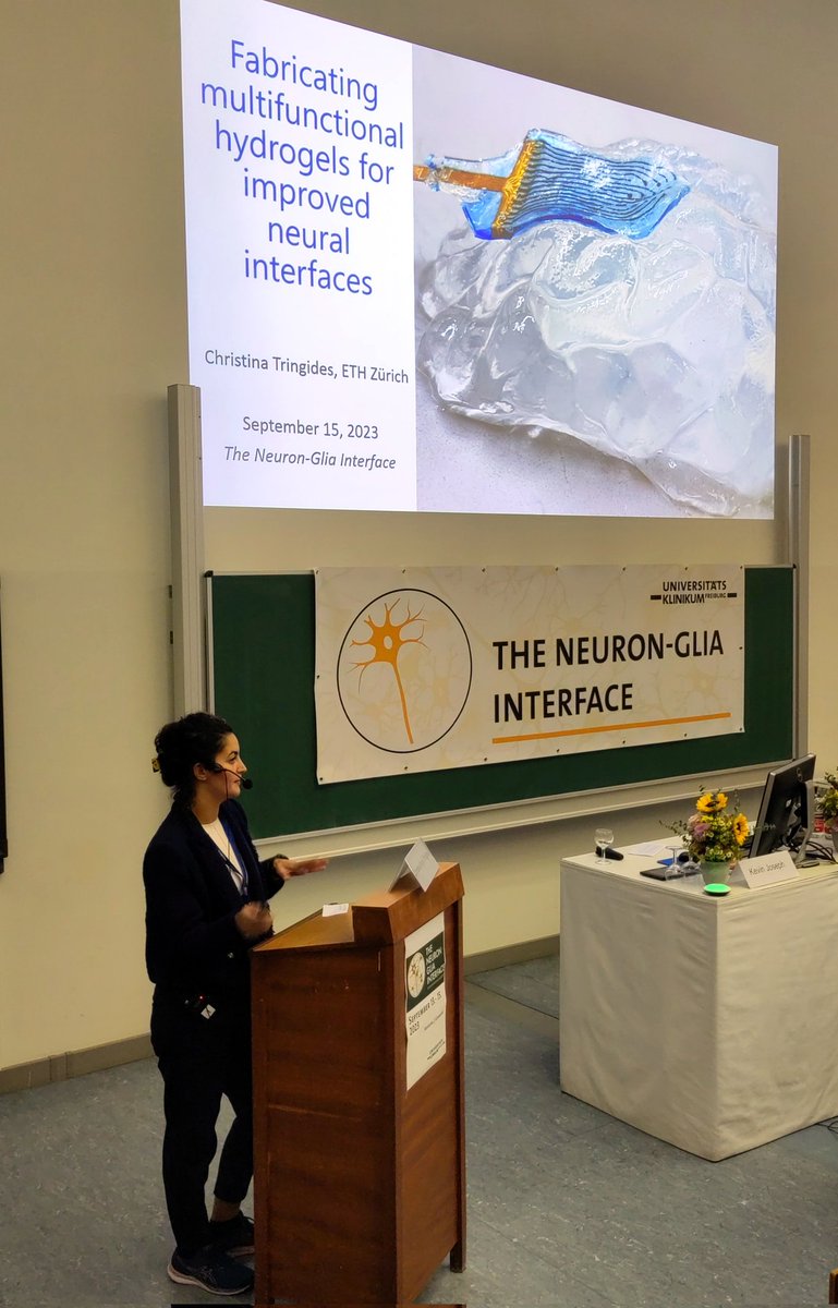 NGIFreiburg's tweet photo. 14/15 π¦Ώ @cm_tringides of @ETH_en showcased her work on fabricating multifunctional #hydrogels. These cutting-edge materials promise to enhance #neuralinterfacing, opening up new avenues with ultrasoft electrodes https://t.co/yxzyenA7mu