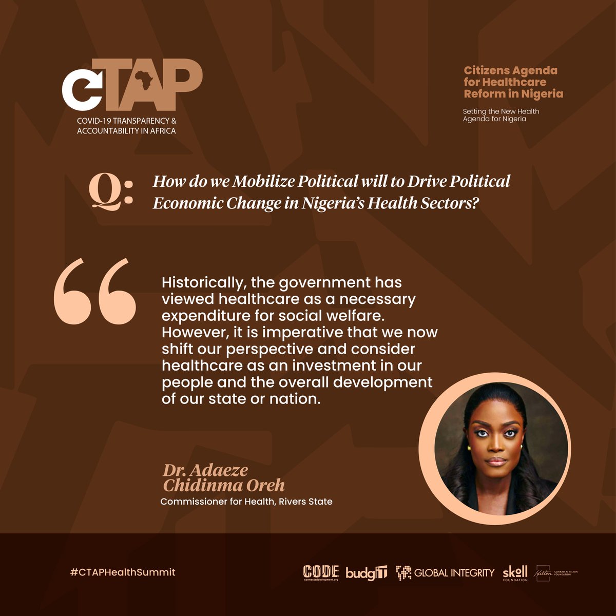 BudgITng's tweet photo. While emphasizing mobilizing political will for healthcare, Dr. @Adaeze_Oreh, Commissioner for Health, @riversstategov, identified a shift in healthcare from expense to investment and the importance of functional healthcare facilities. #CTAPHealthSummit https://t.co/bxRt81ccsQ