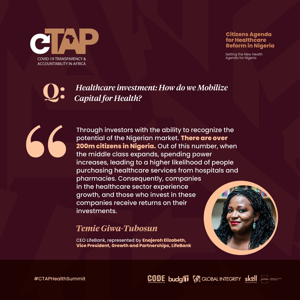 BudgITng's tweet photo. On mobilizing capital for health, @LifeBankCares highlighted recognizing Nigerian market potential, investing in healthcare companies for growth, and private-public cooperation for effective healthcare. #CTAPHealthSummit https://t.co/rT36OtDapR
