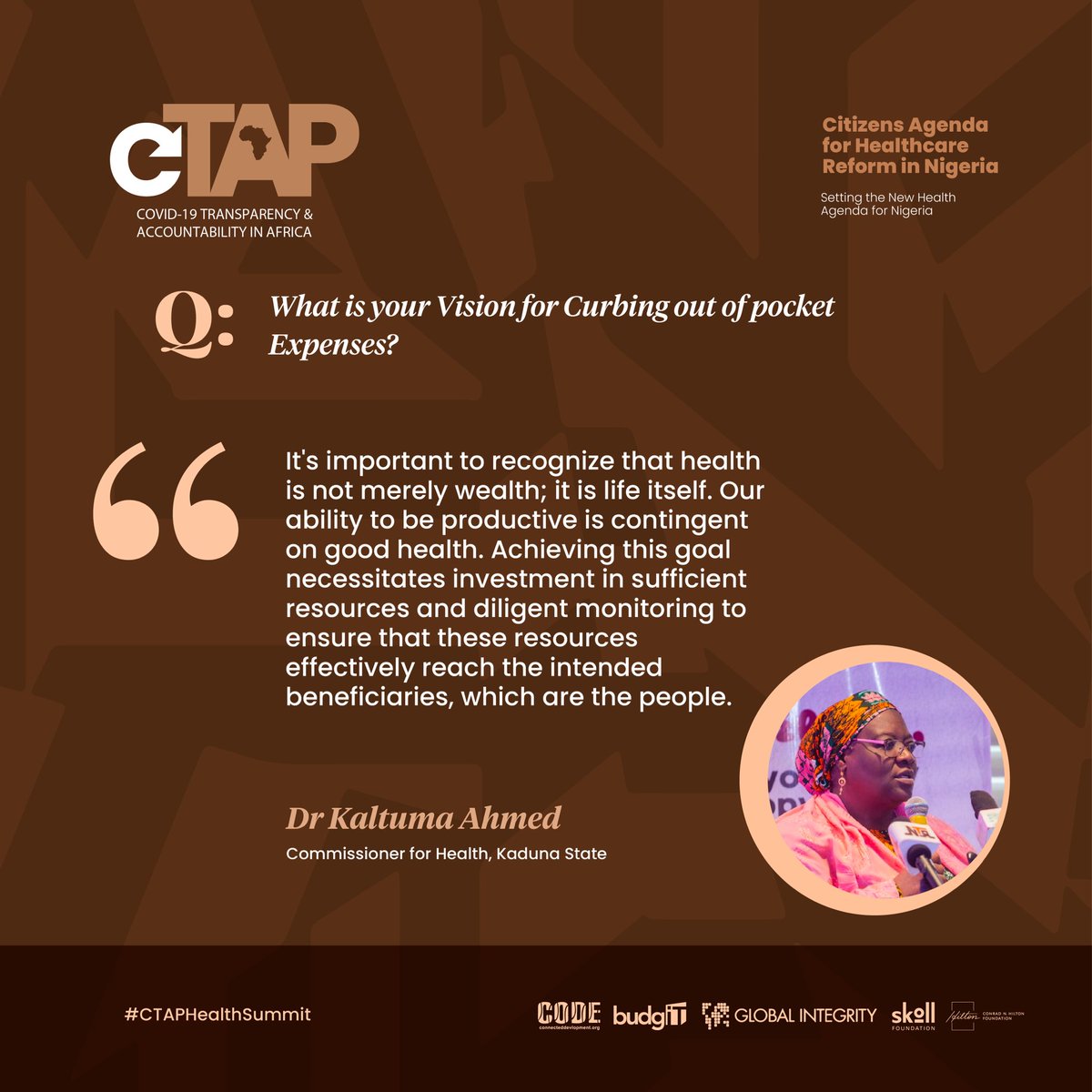 BudgITng's tweet photo. @UmmaKAhmed, Commissioner for Health, @KadunaMOH's vision to curb out-of-pocket expenses includes enhancing health insurance to reduce costs, prioritizing rural healthcare development, and ensuring quality and accessible healthcare for all. #CTAPHealthSummit https://t.co/uyOAZ2F2TX