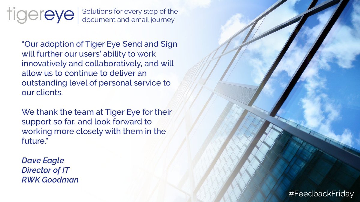 Earlier this year, <a href="/RWKGoodman/">RWK Goodman</a> adopted our trusted <a href="/imanageinc/">iManage</a> and @DocuSign integration. Dave Eagle, Director of IT, shared the following feedback regarding the project.

Learn more in the firm's press announcement: lnkd.in/eiF5uevn

#LegalTech #LegalIT #FeedbackFriday