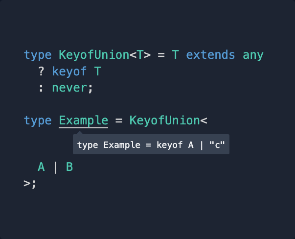mattpocockuk's tweet photo. A quirk of keyof is that it doesn't work on unions of objects.

It only finds the keys in common between the two objects. If it can't find any, it resolves to never.

The way around this is to force it to run keyof on each member of the union via a conditional type.

Conditional types are distributive, so they run on each member of a union. Using T extends any means that it's never going to hit the never in the else clause of the conditional.

I've seen this pattern used a TON in the wild, but I'm not sure what I'd call it?

"Forcing Distribution"
"Distributive Conditional Type"
"Forced Distributive Conditional Type"